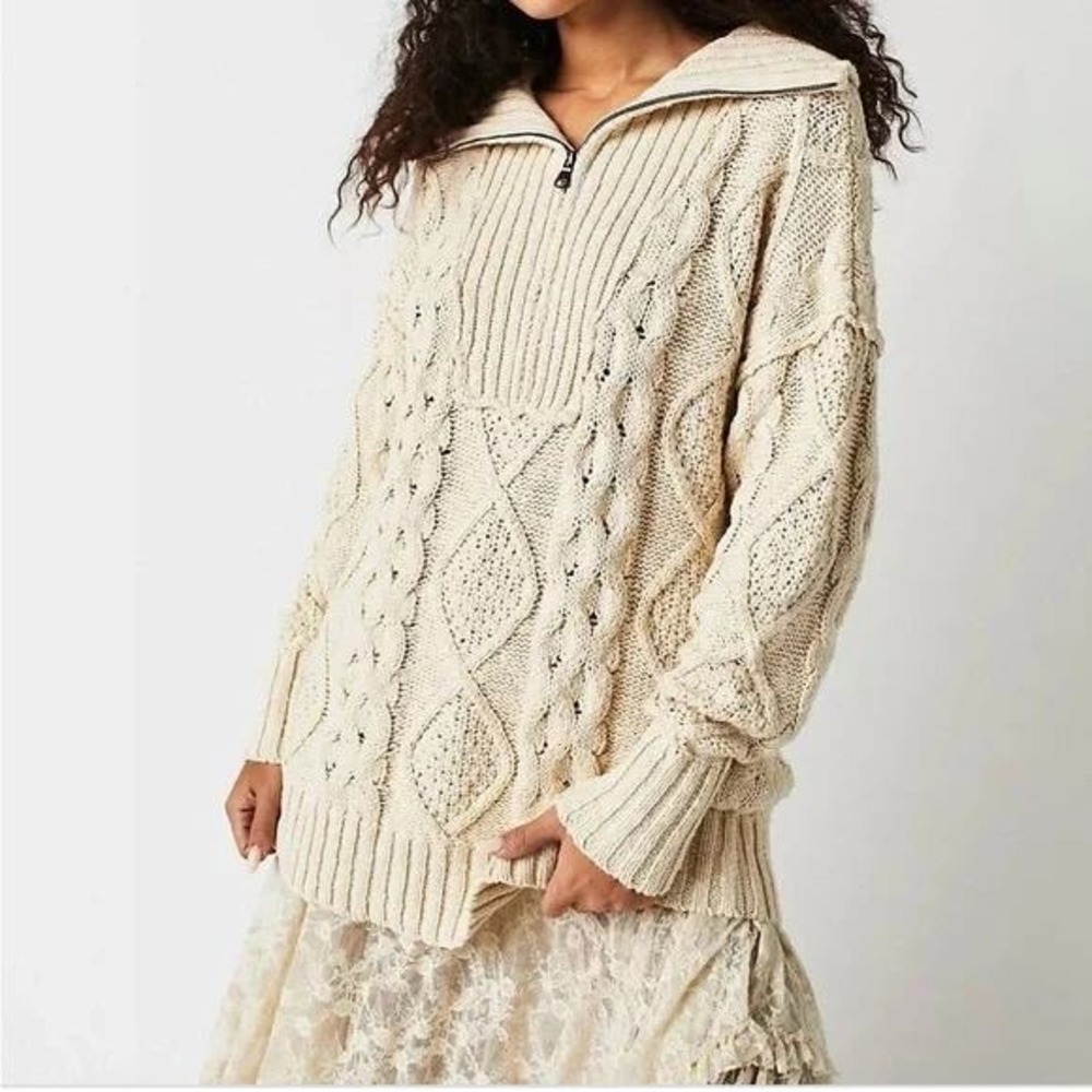 Free People Driftwood Cable Polo Ivory Half Zip Oversized Sweater OB1590762 S - Picture 2 of 10